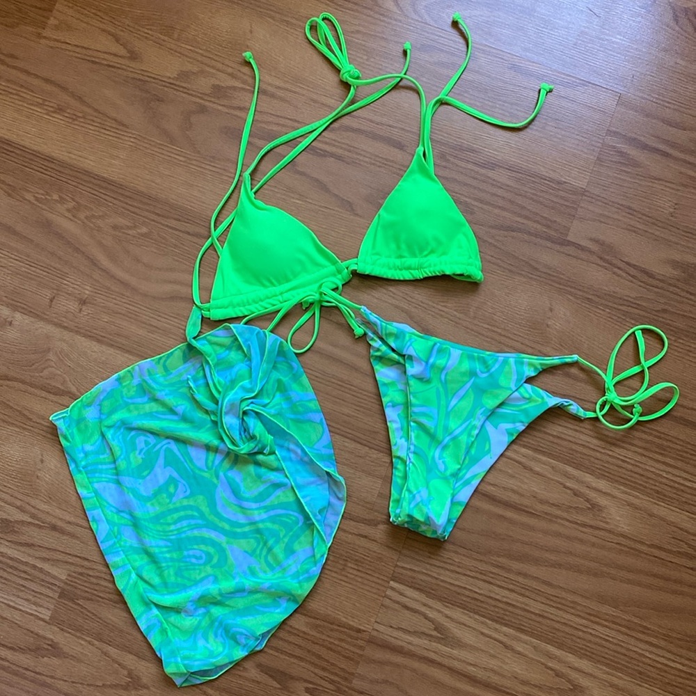 Electric green bikini set with sarong